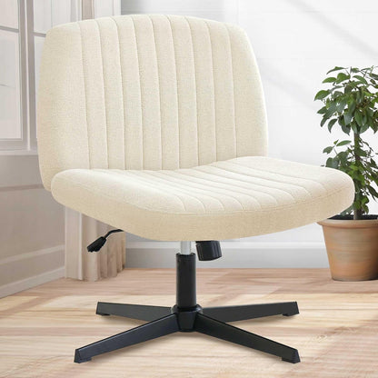 Cross Legged Office Desk Chair No Wheels Fabric Padded Modern Swivel Height Adjustable Wide Seat Computer Task Vanity Chair for Home Office Mid Back Accent Chair (Beige)-0