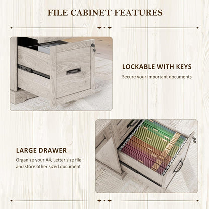 55'' Farmhouse Desk Home Office with Drawers, Executive Computer Desk Wooden with File Cabinet and Charging Station, White Wash Gray-3