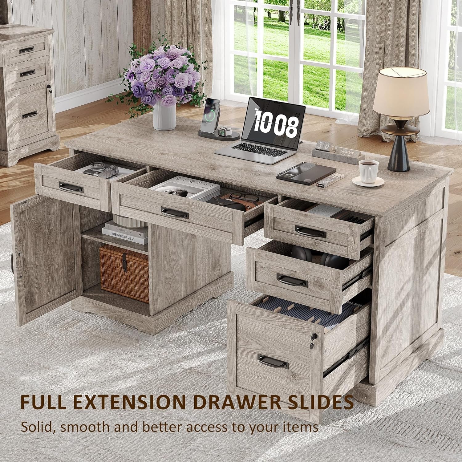 55'' Farmhouse Desk Home Office with Drawers, Executive Computer Desk Wooden with File Cabinet and Charging Station, White Wash Gray-4