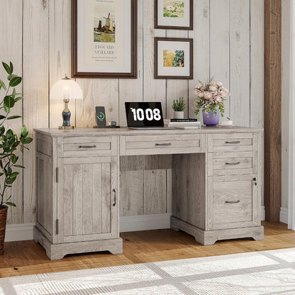 55'' Farmhouse Desk Home Office with Drawers, Executive Computer Desk Wooden with File Cabinet and Charging Station, White Wash Gray-2