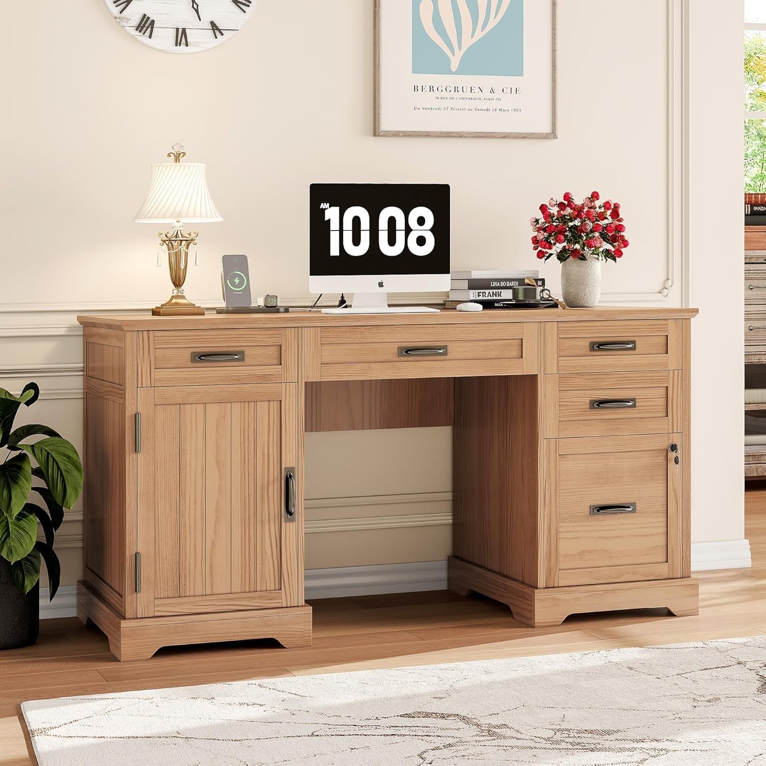 55'' Farmhouse Executive Desk, Home Office Desk with Drawers, Wood Computert Desk with File Cabinet and Power Outlets, Walnut-2