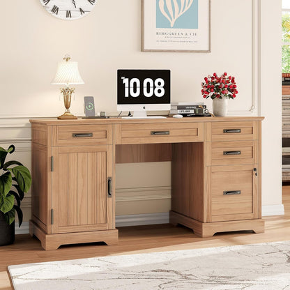 55'' Farmhouse Executive Desk, Home Office Desk with Drawers, Wood Computert Desk with File Cabinet and Power Outlets, Walnut-2