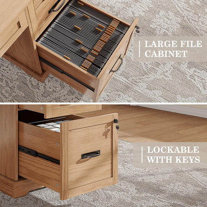 55'' Farmhouse Executive Desk, Home Office Desk with Drawers, Wood Computert Desk with File Cabinet and Power Outlets, Walnut-3