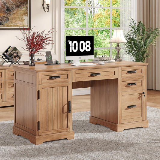 55'' Farmhouse Executive Desk, Home Office Desk with Drawers, Wood Computert Desk with File Cabinet and Power Outlets, Walnut-0
