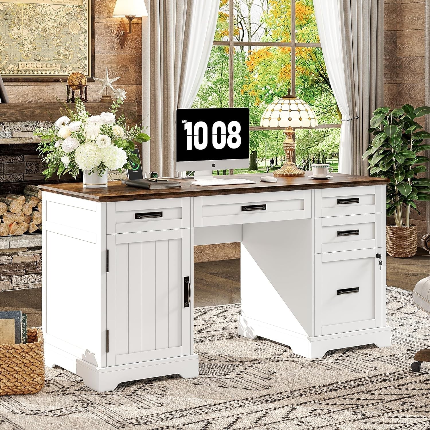 55'' Farmhouse Executive Desk with File Cabinet, Home Office Wood Computer Desk with Drawers and Power Outlets, White-2