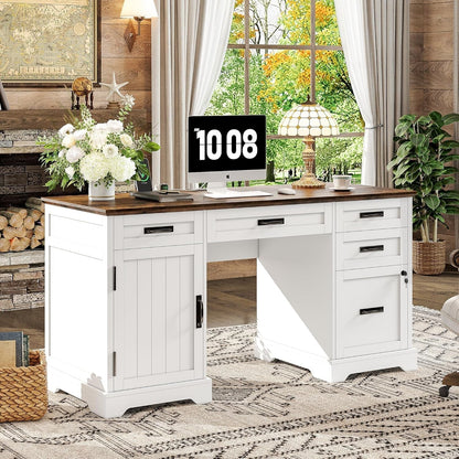 55'' Farmhouse Executive Desk with File Cabinet, Home Office Wood Computer Desk with Drawers and Power Outlets, White-2