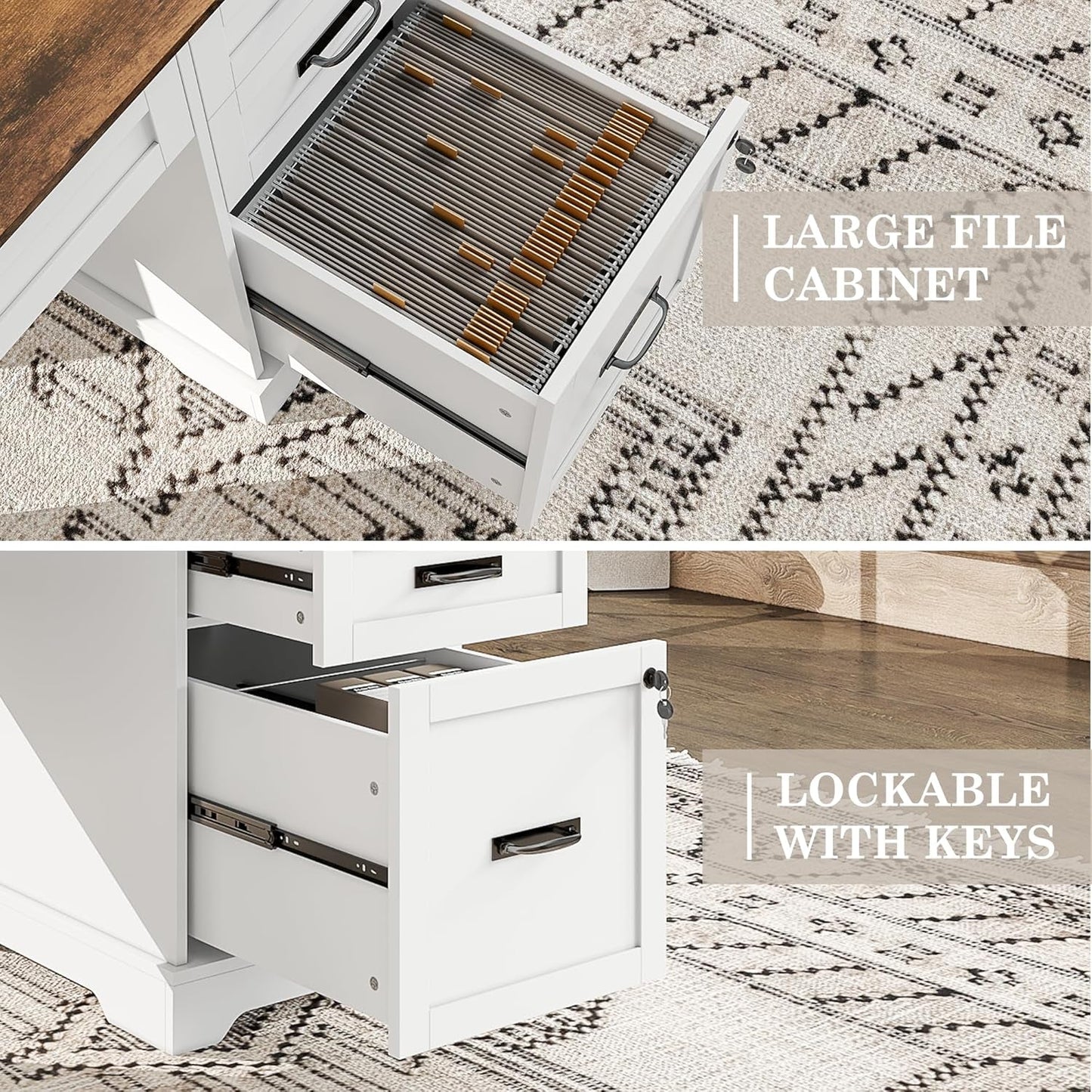 55'' Farmhouse Executive Desk with File Cabinet, Home Office Wood Computer Desk with Drawers and Power Outlets, White-3