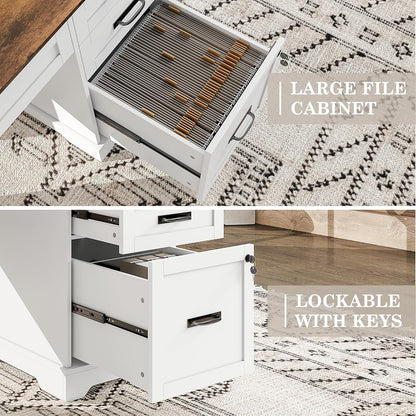 55'' Farmhouse Executive Desk with File Cabinet, Home Office Wood Computer Desk with Drawers and Power Outlets, White-3