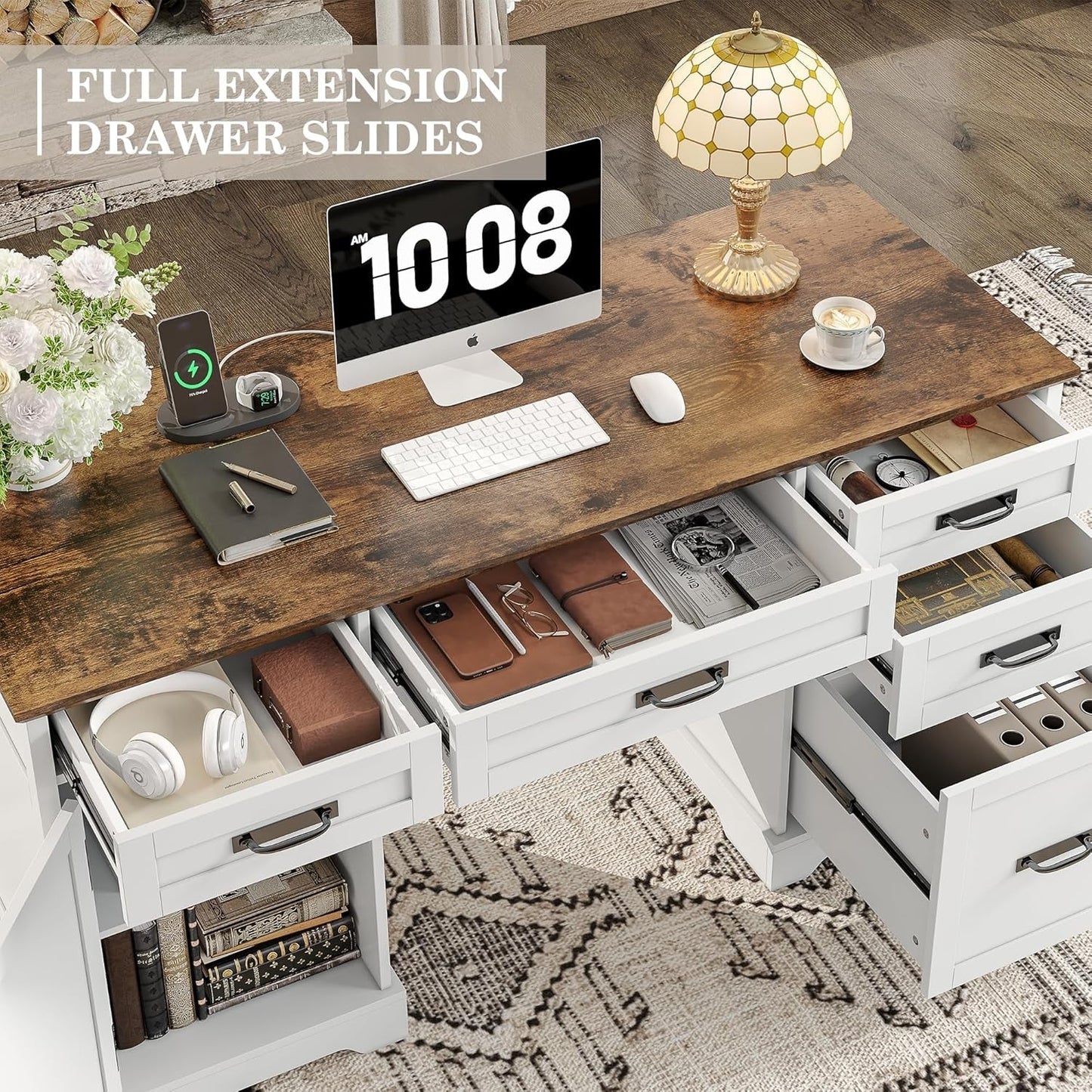 55'' Farmhouse Executive Desk with File Cabinet, Home Office Wood Computer Desk with Drawers and Power Outlets, White-4