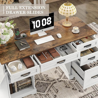 55'' Farmhouse Executive Desk with File Cabinet, Home Office Wood Computer Desk with Drawers and Power Outlets, White-4