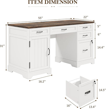 55'' Farmhouse Executive Desk with File Cabinet, Home Office Wood Computer Desk with Drawers and Power Outlets, White-1