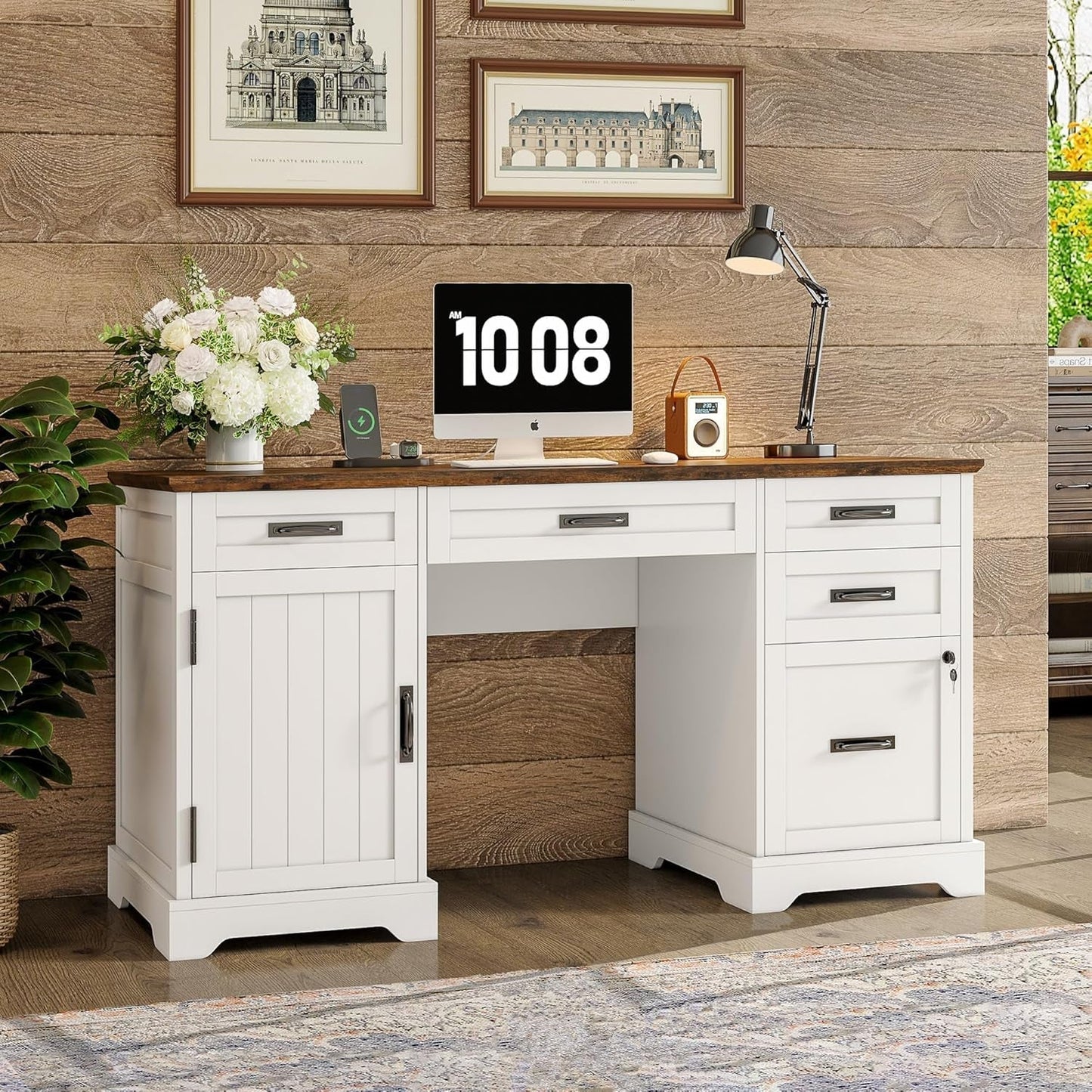 55'' Farmhouse Executive Desk with File Cabinet, Home Office Wood Computer Desk with Drawers and Power Outlets, White-0