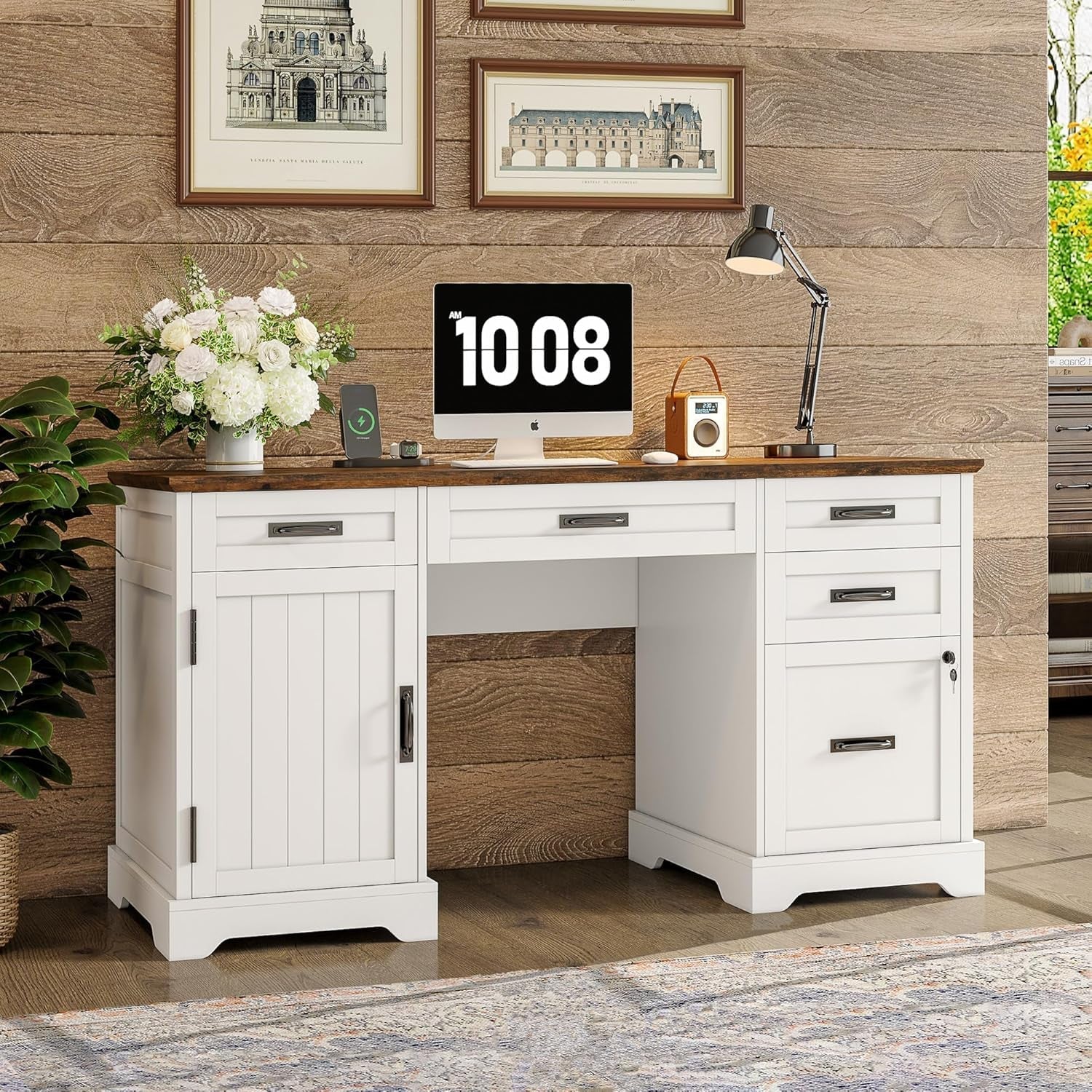 55'' Farmhouse Executive Desk with File Cabinet, Home Office Wood Computer Desk with Drawers and Power Outlets, White-0