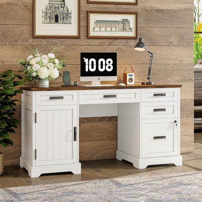 55'' Farmhouse Executive Desk with File Cabinet, Home Office Wood Computer Desk with Drawers and Power Outlets, White-0