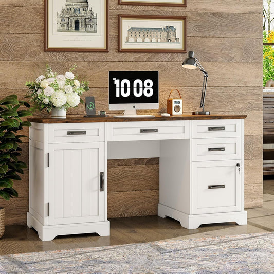 55'' Farmhouse Executive Desk with File Cabinet, Home Office Wood Computer Desk with Drawers and Power Outlets, White-0