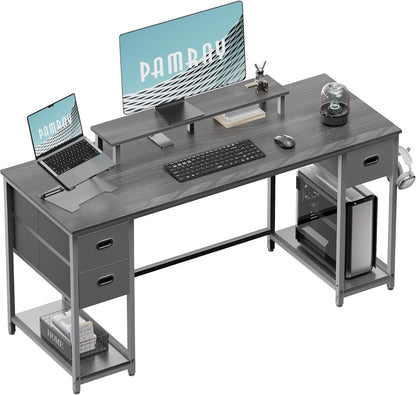 55 Inch Computer Desk with Non-Woven Storage Drawers and Monitor Stand Home Office Desk for Bedroom Study Table Writing and Work Desk Espresso Gray-0
