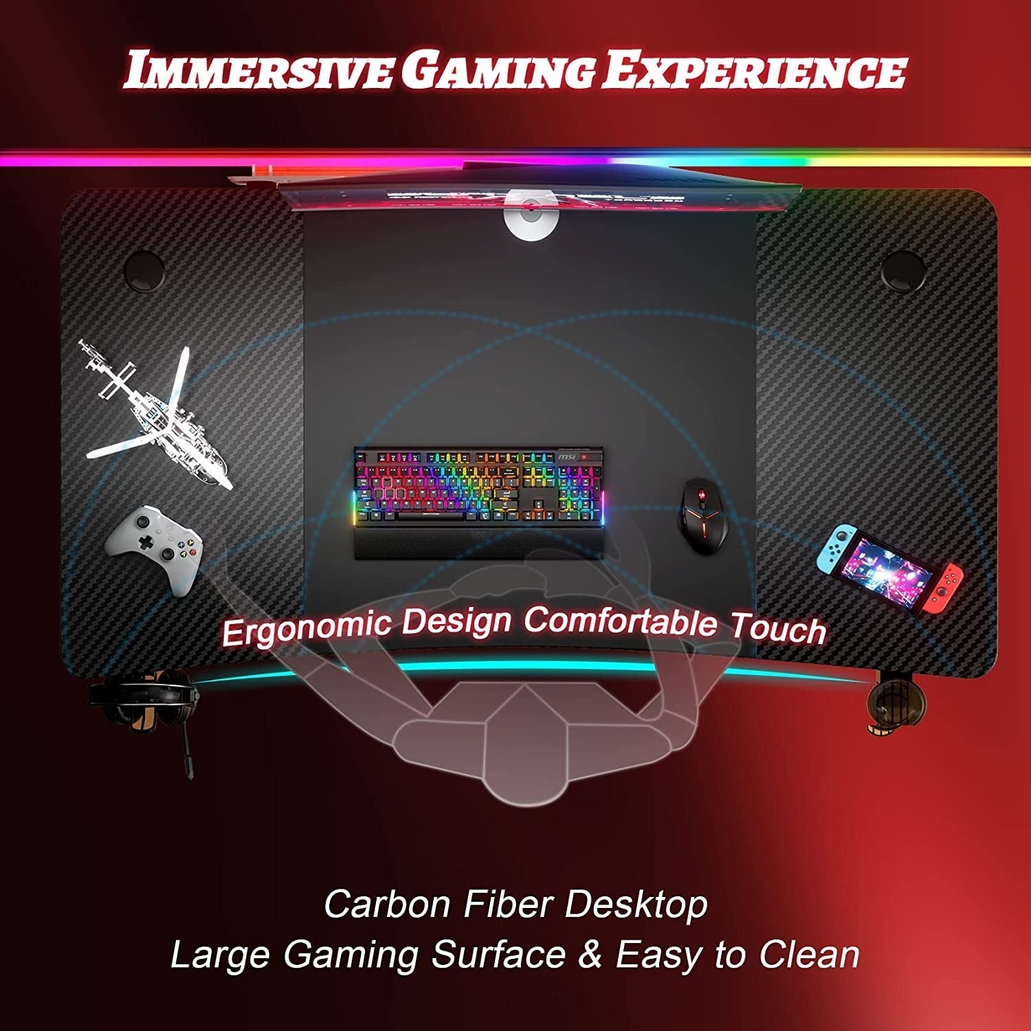 55 Inch Gaming Desk with Carbon Fibre Surface Features-3