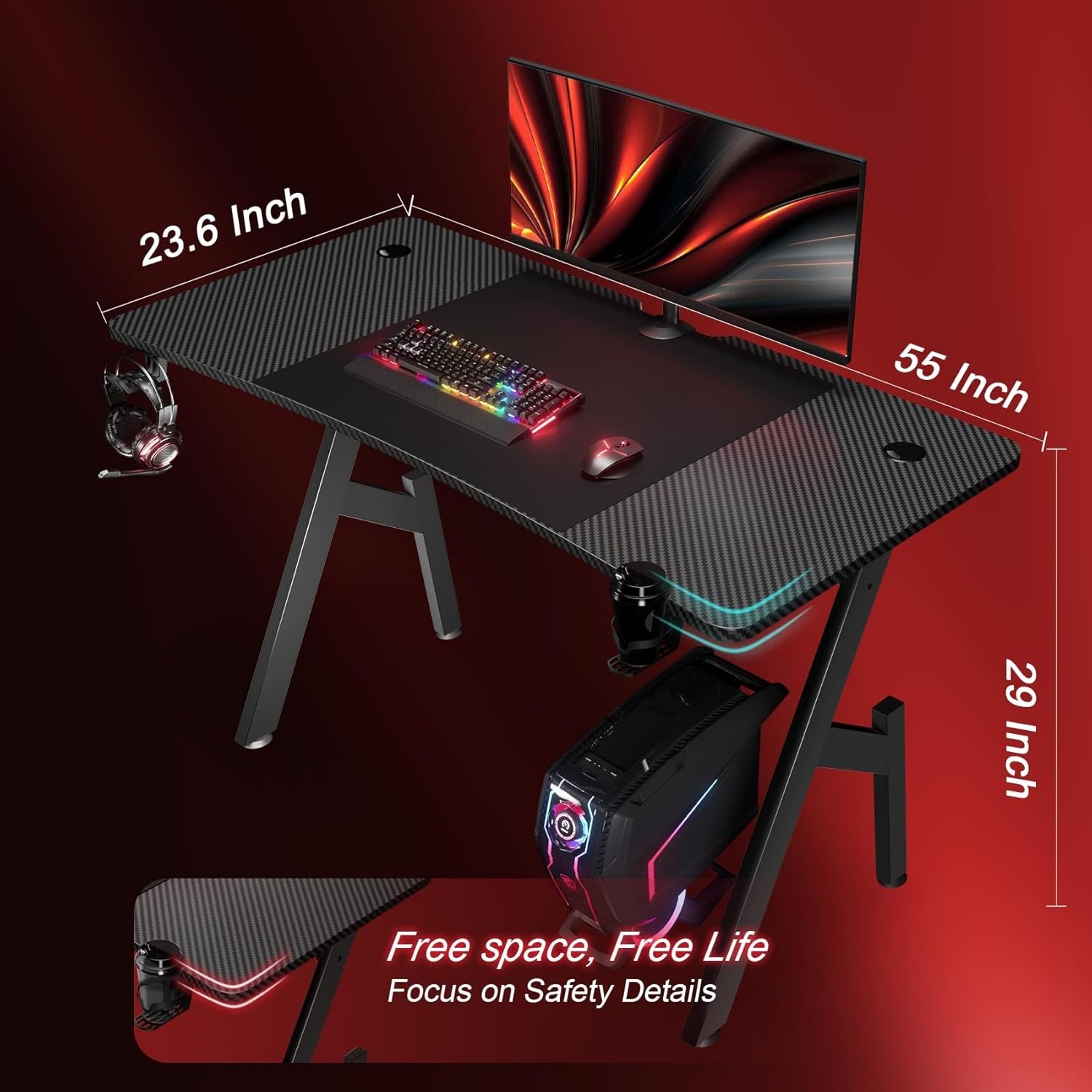 55 Inch Gaming Desk with Carbon Fibre Surface Features-2