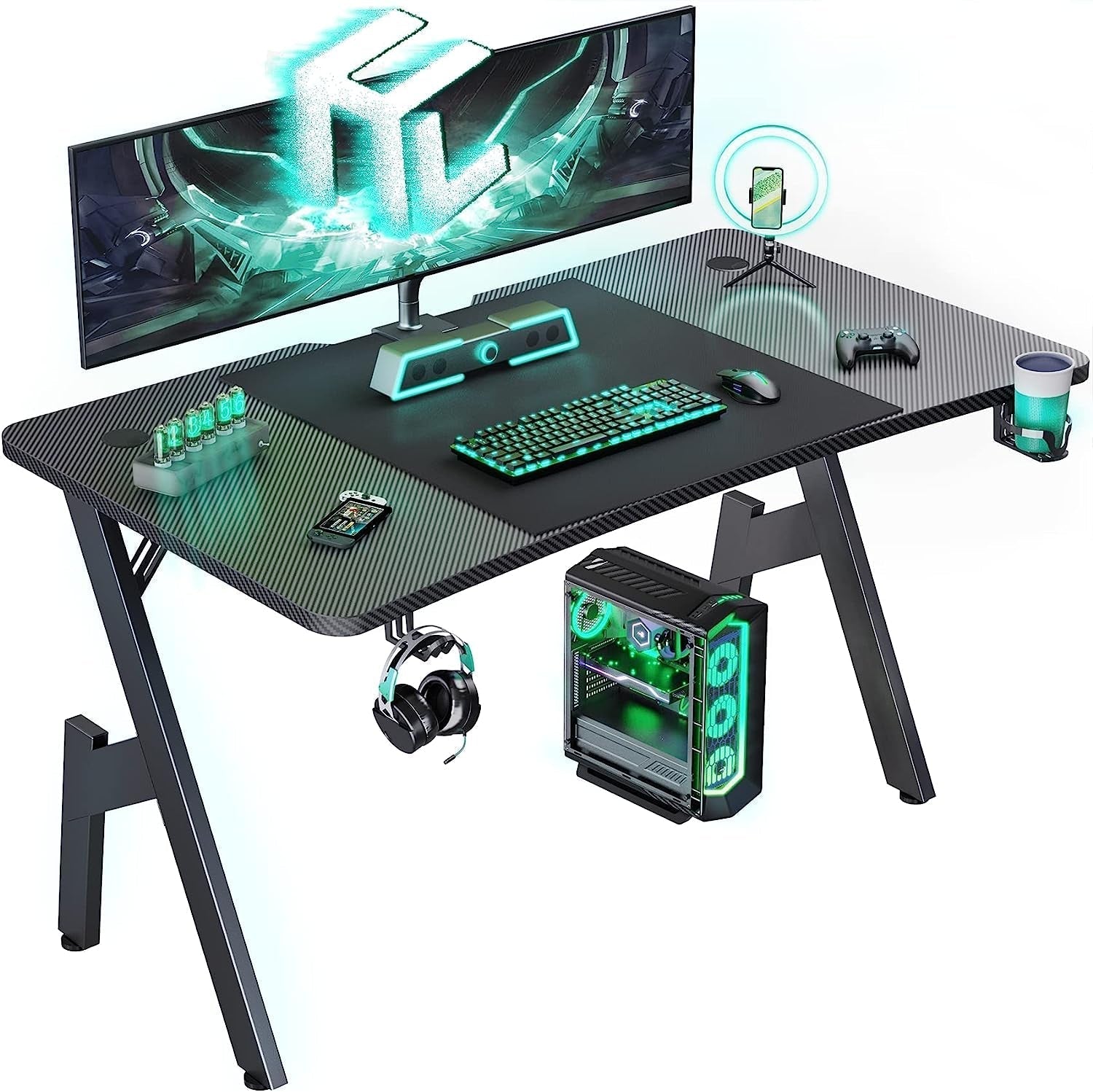55 Inch Gaming Desk with Carbon Fibre Surface Features-0