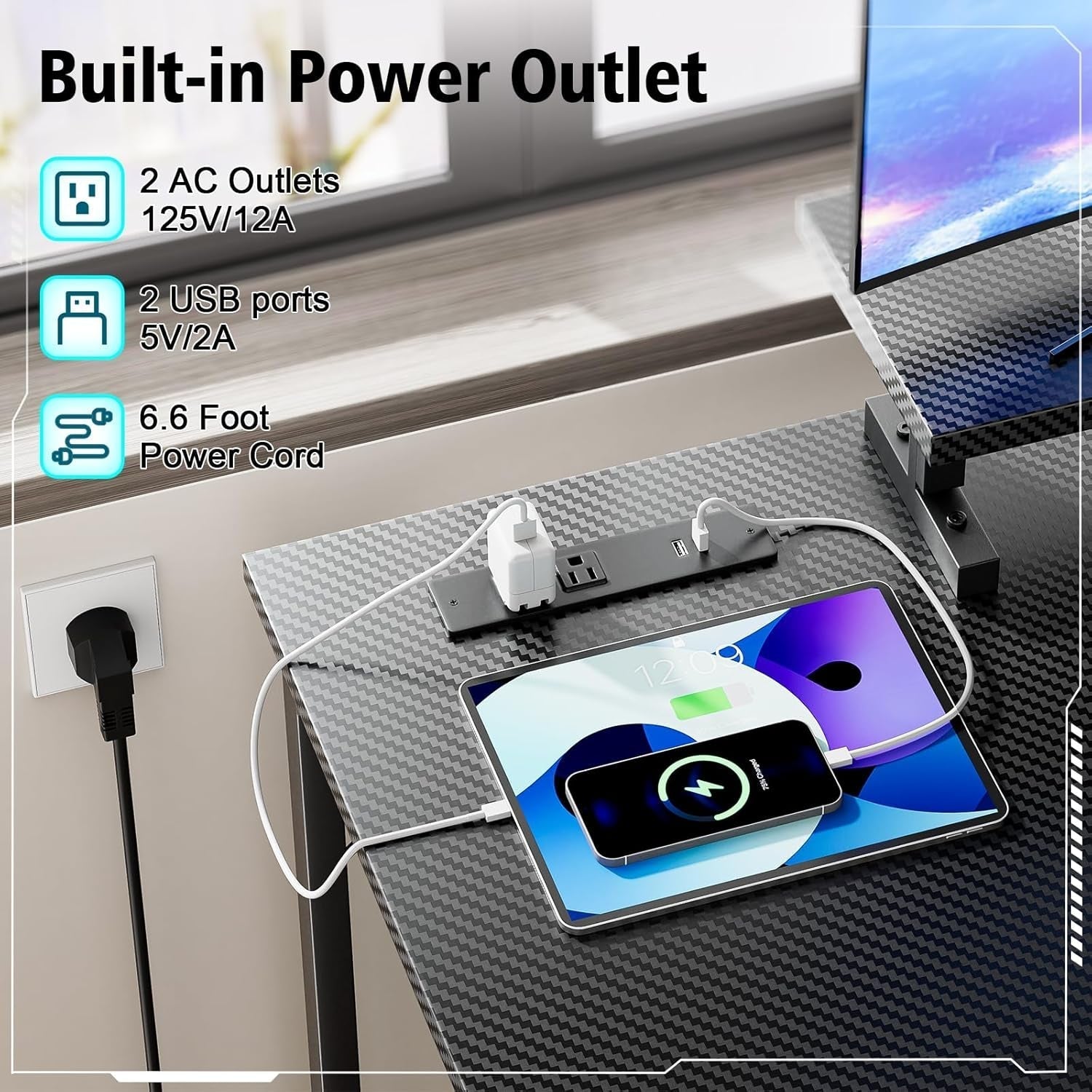 55 Inch Gaming Desk With LED Lights And Shelves-3