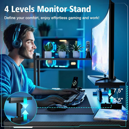 55 Inch Gaming Desk With LED Lights And Shelves-4