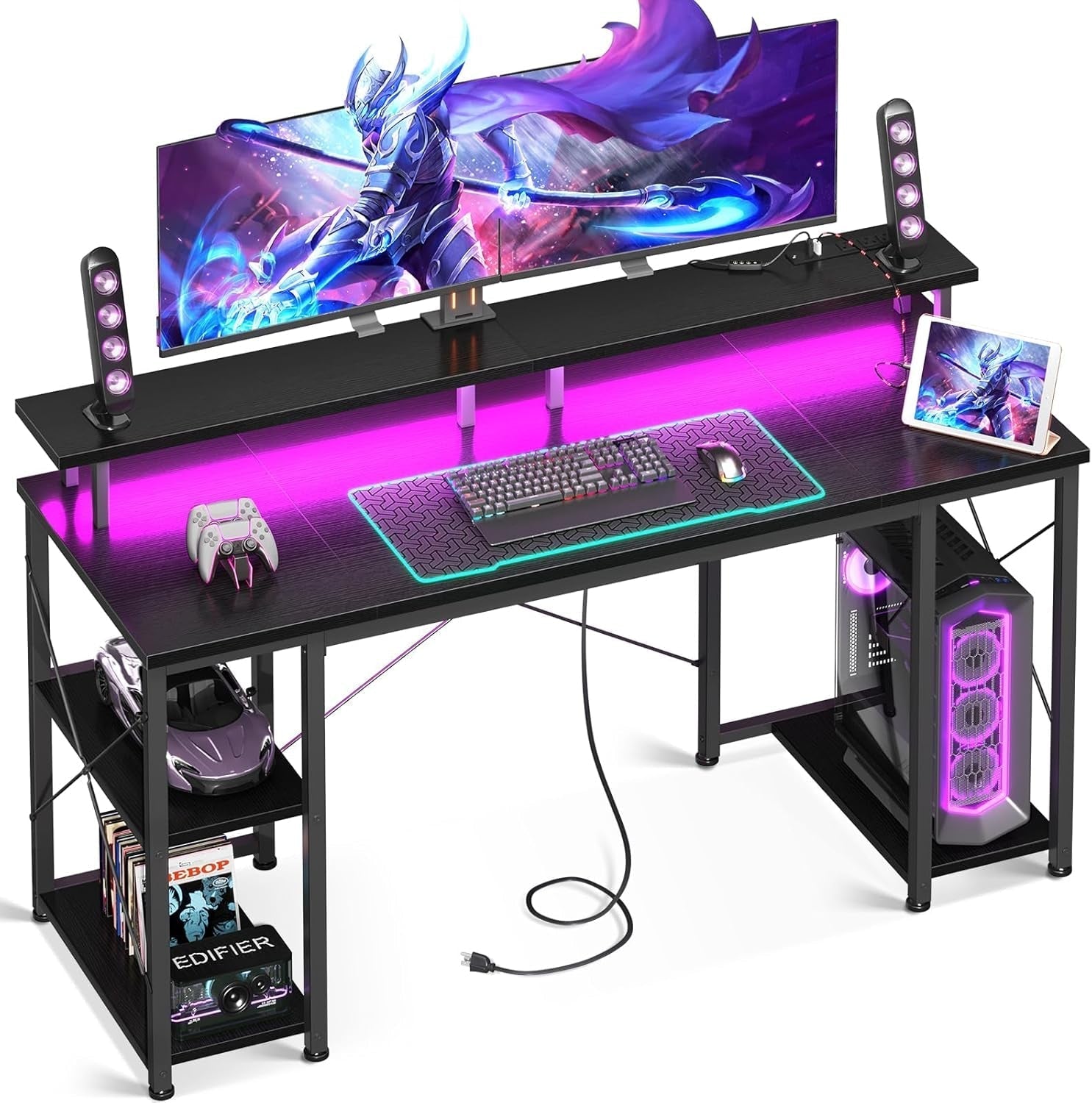 55 Inch Gaming Desk with LED Lights & Power Outlets, Computer Desk with Monitor Stand & Storage Shelves, CPU Stand, Home Office Desk, Black-0