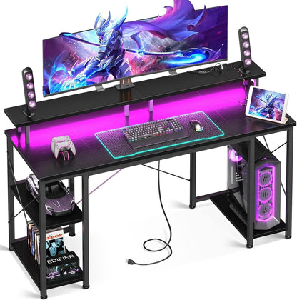 55 Inch Gaming Desk with LED Lights & Power Outlets, Computer Desk with Monitor Stand & Storage Shelves, CPU Stand, Home Office Desk, Black-0