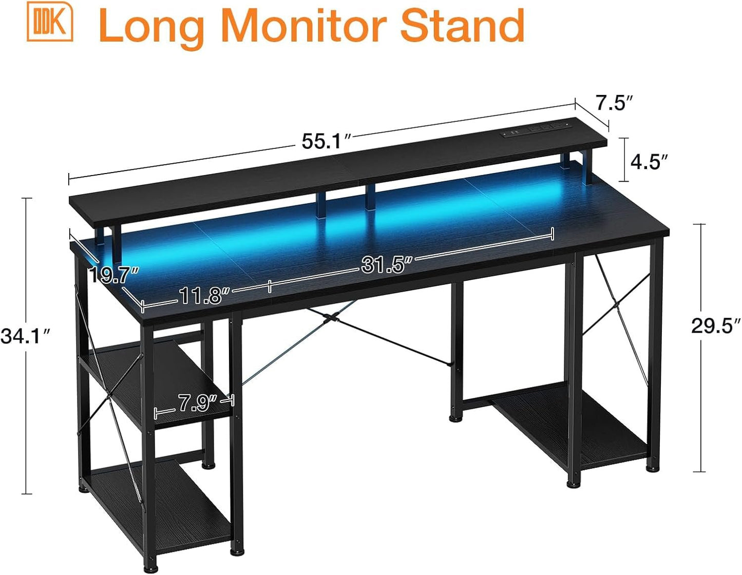 55 Inch Gaming Desk with LED Lights & Power Outlets, Computer Desk with Monitor Stand & Storage Shelves, CPU Stand, Home Office Desk, Black-2