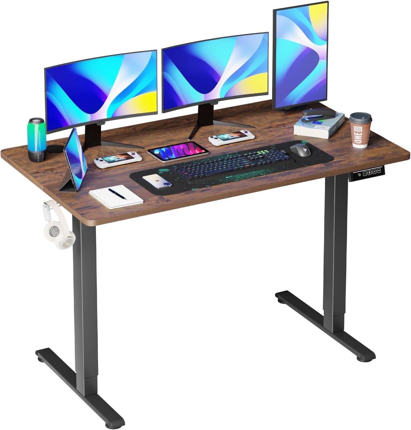 55 Inch Height Adjustable Gaming Desk Electric Standing Desk That Raises up and down Modern Computer Table with Electric Lifting Headphone Hook, Brown-0