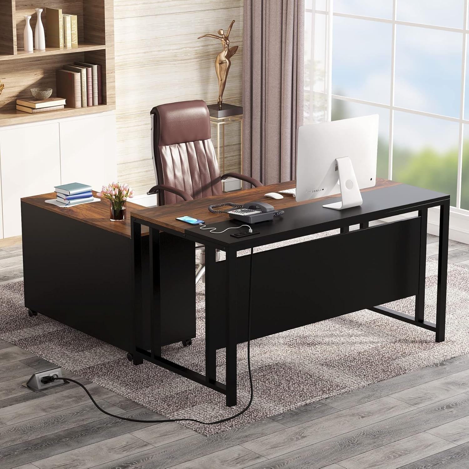 55'' Large Executive Desk with Lateral File Cabinet,Brown-0
