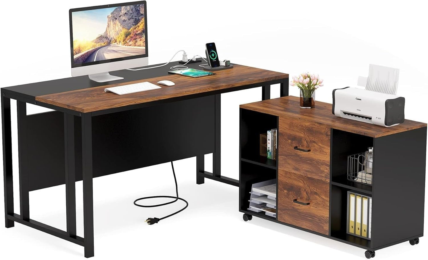 55'' Large Executive Desk with Lateral File Cabinet,Brown-3
