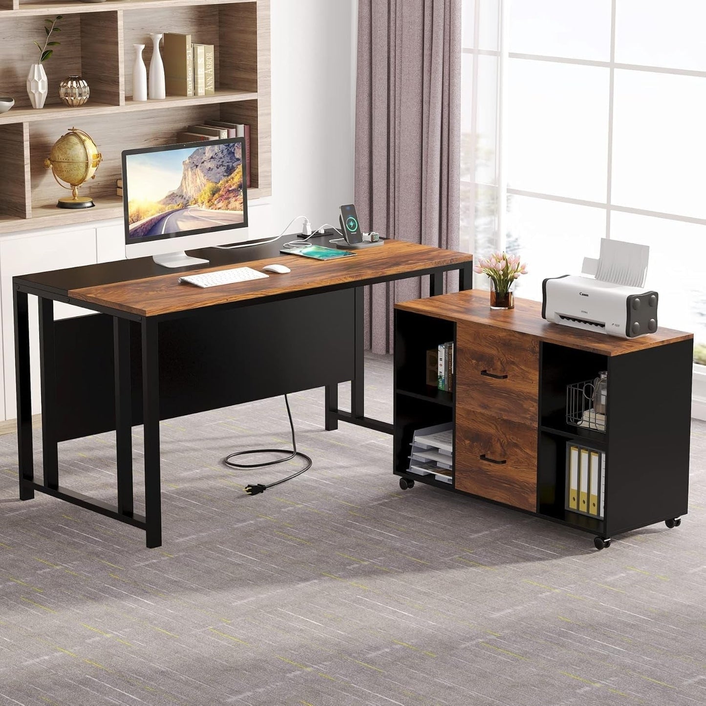 55'' Large Executive Desk with Lateral File Cabinet,Brown-2