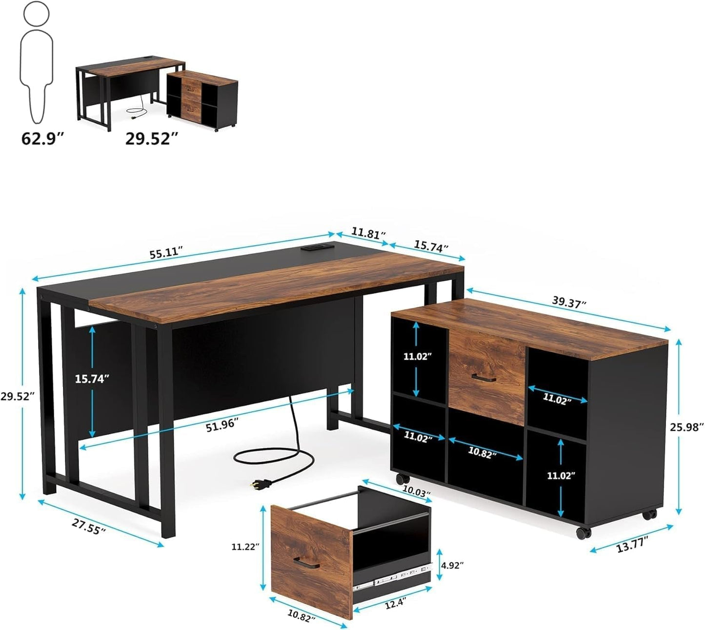55'' Large Executive Desk with Lateral File Cabinet,Brown-1