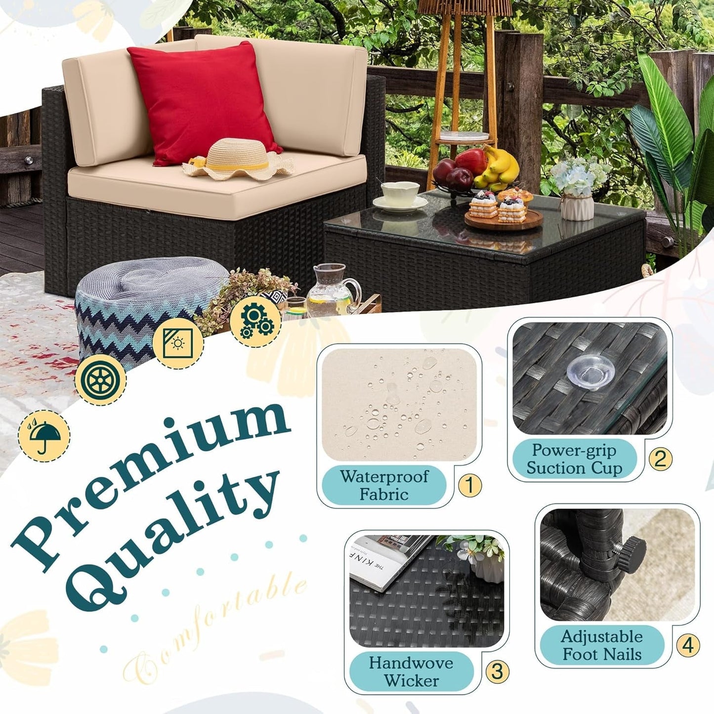 2 Piece Patio Furniture Set, All Weather PE Rattan Outdoor Sofa Set Single Sofa with Table for Garden Lawn Poolside (2 Piece, Beige)-4