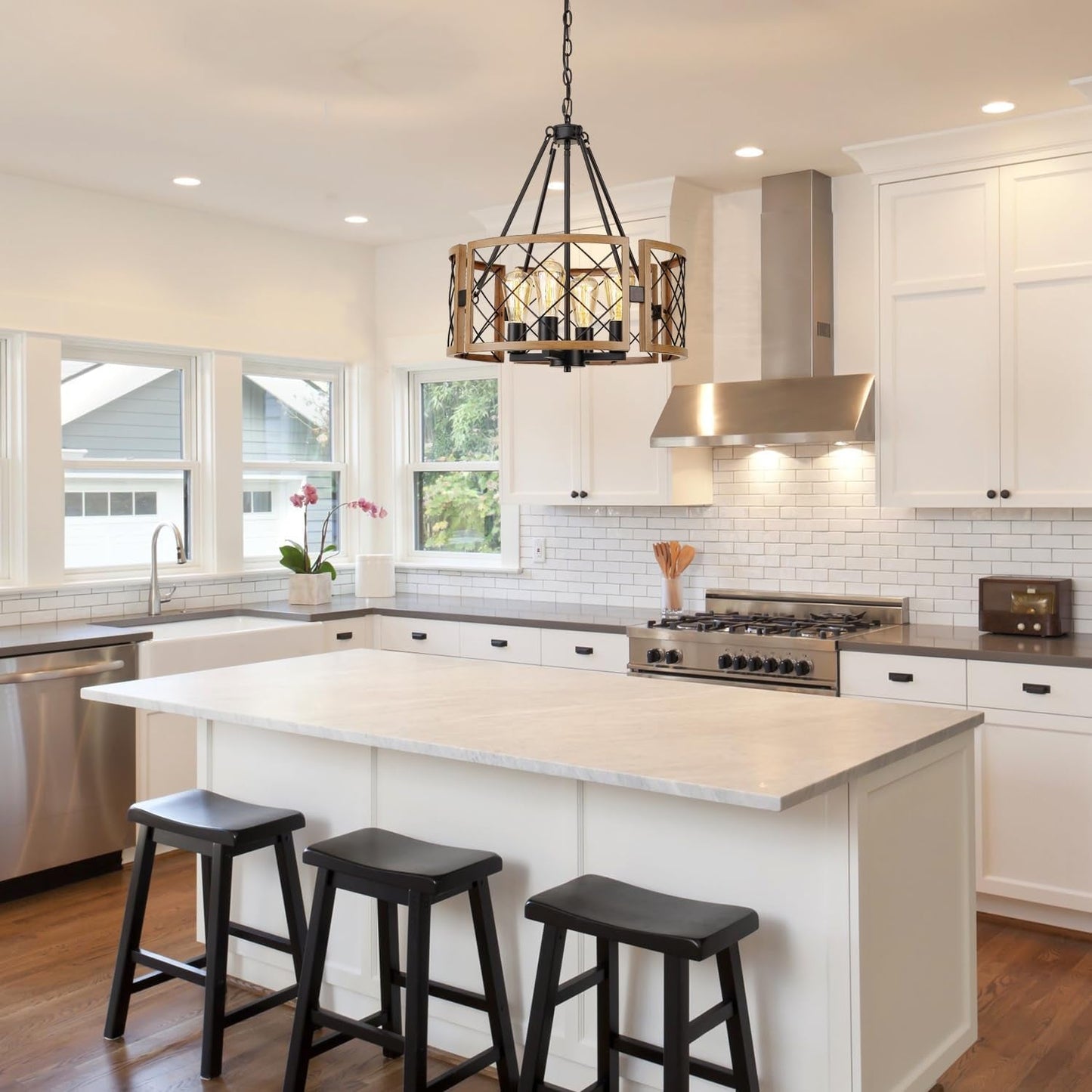 D19'' Farmhouse Chandelier for Dining Room, 4-Light Adjustable Kitchen Island Lighting, Vintage Hanging Pendant Light Fixtures for Entryway Foyer Bedroom Hallway, Black & Dark Oak-2