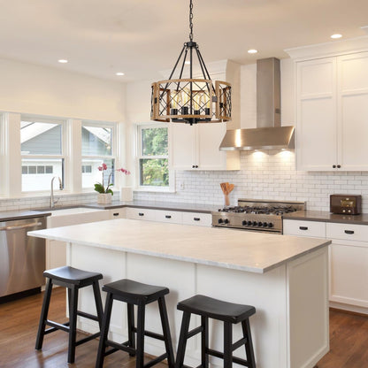 D19'' Farmhouse Chandelier for Dining Room, 4-Light Adjustable Kitchen Island Lighting, Vintage Hanging Pendant Light Fixtures for Entryway Foyer Bedroom Hallway, Black & Dark Oak-2