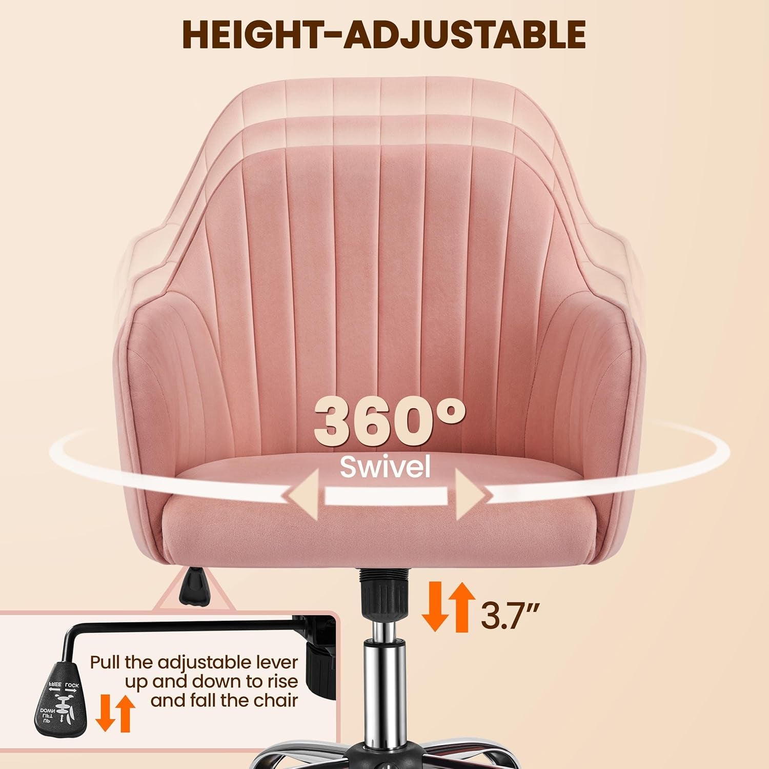Pink Desk Chair Cute Office Chair Velvet Vanity Chair Desk Chair Comfy Modern Aesthetic Accent Chair Height Adjustable 360° Swivel Computer Chair for Bedroom-4
