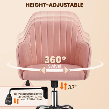 Pink Desk Chair Cute Office Chair Velvet Vanity Chair Desk Chair Comfy Modern Aesthetic Accent Chair Height Adjustable 360° Swivel Computer Chair for Bedroom-4