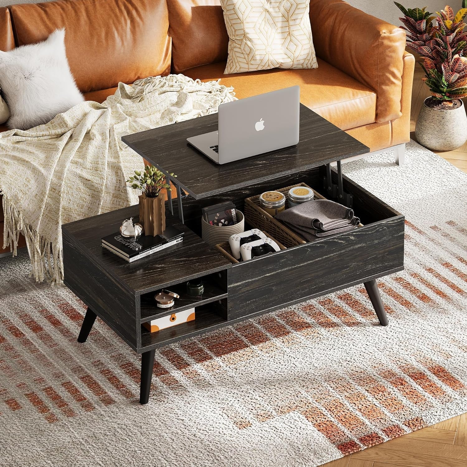 Wood Lift Top Coffee Table with Hidden Compartment and Adjustable Storage Shelf, Lift Tabletop Dining Table for Home Living Room, Office, Charcoal Black-3