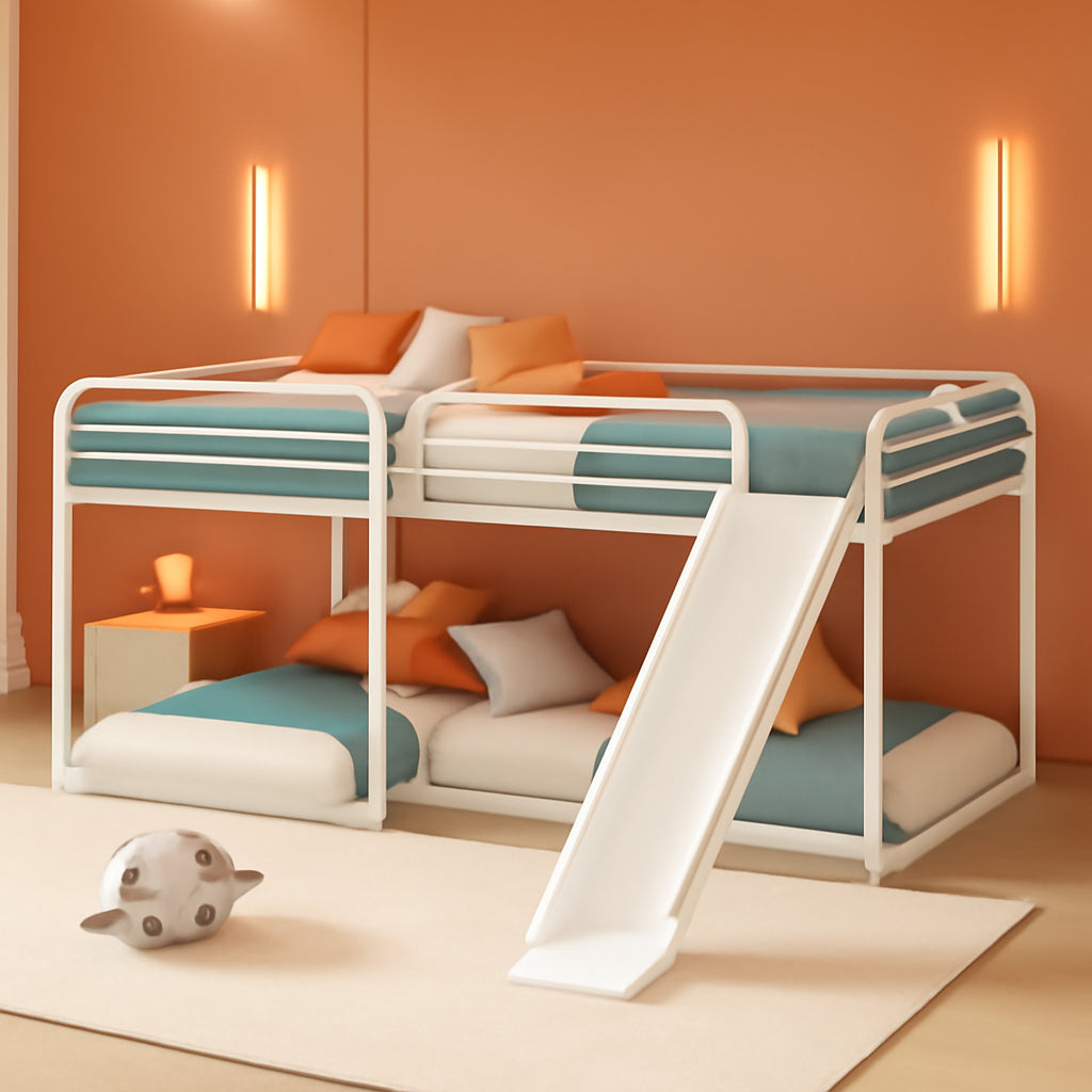 L-Shape Bunk Beds with Slide, Quad Bunk Bed for 4, Metal Twin Size Bunk Bed Attached with Full Size Bunk Bed Frame, Modern Corner Bunked for Multi-Kids Boys Girls Teens (White)-0