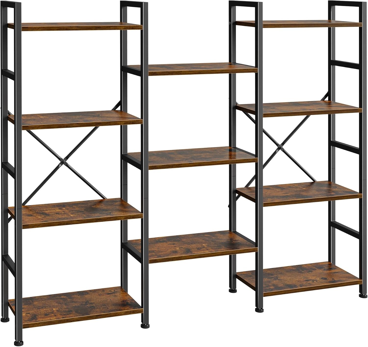 Triple 4 Tier Bookshelf, Bookcase with 11 Open Display Shelves, Wide Book Shelf Book Case for Home & Office, Rustic Brown-0