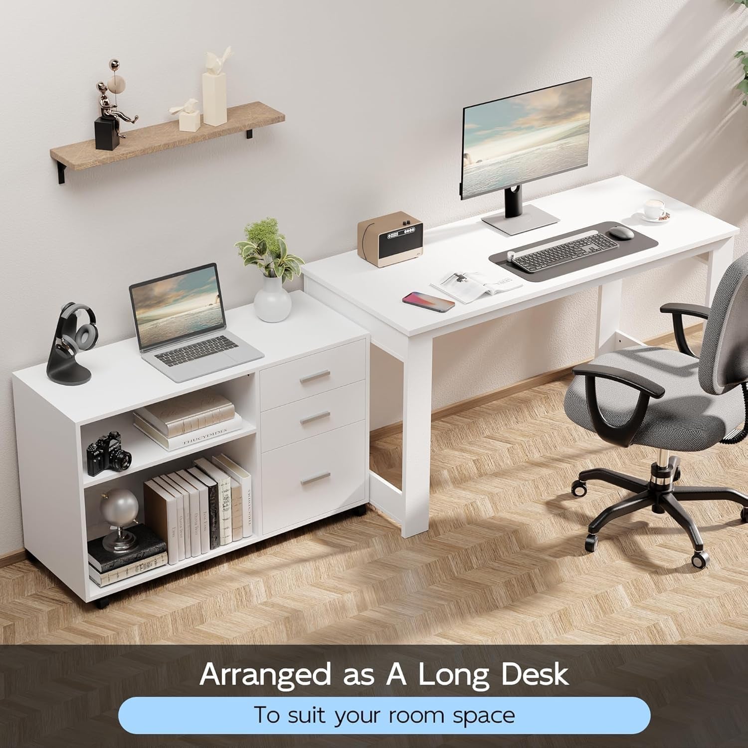 55Inch White L Shaped Desk, Corner Computer Desk with 3 Drawers and 2 Shelves, Writing Office Table with Storage File Cabinet, Large Executive Desk with Wheels for Home Office, Bedroom-2