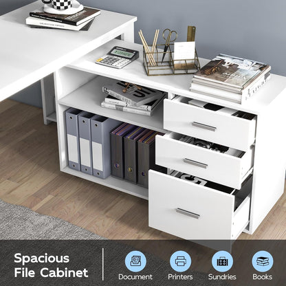 55Inch White L Shaped Desk, Corner Computer Desk with 3 Drawers and 2 Shelves, Writing Office Table with Storage File Cabinet, Large Executive Desk with Wheels for Home Office, Bedroom-4