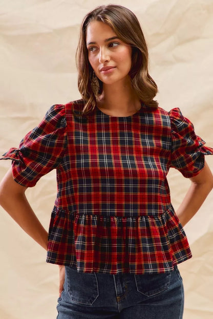 SO ME Christmas Holiday Plaid Ribbon Short Sleeves Top