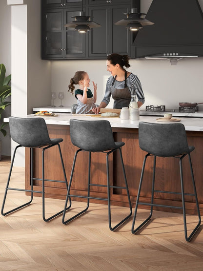 Bar Stools Set of 3, 26 Inches Counter Height Bar Stools with Back, Modern Faux Leather Barstools with Metal Legs and Footrest, Bar Chairs for Kitchens Island (Gray)-4