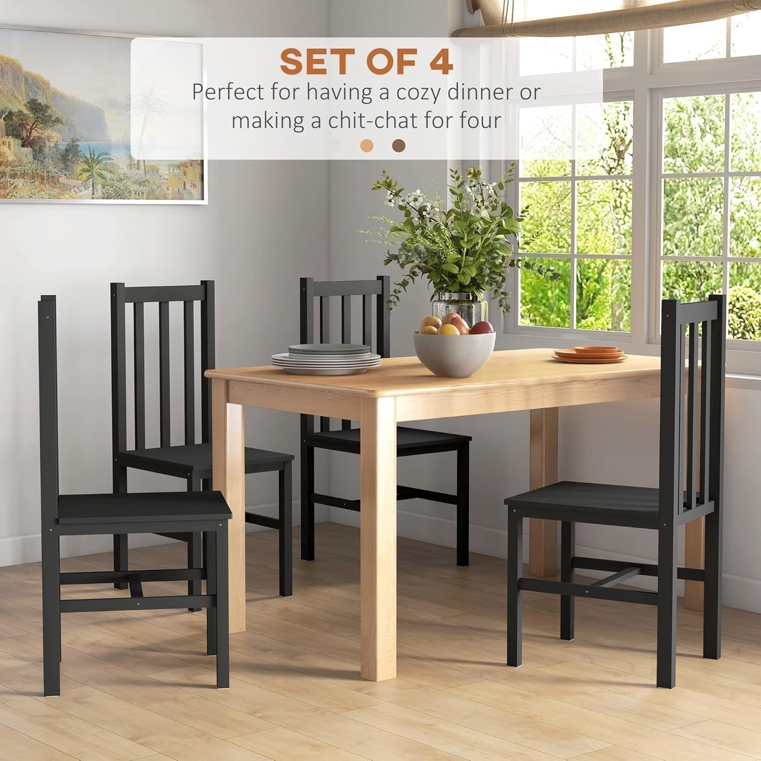 Dining Chairs, Set of 4 Farmhouse Kitchen & Dining Room Chairs with Slat Back, Pine Wood Seating for Living Room and Dining Room, Black-2