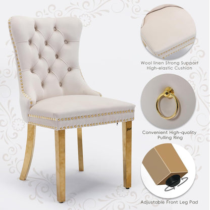 Velvet Upholstered Dining Chairs Set of 4, Modern Style Kitchen Side Chairs with Nailhead Trim and Gold Plated Leg, Metal Pulling Ring for Dining Room Living Room(Beige-Gold Plated Leg)-4