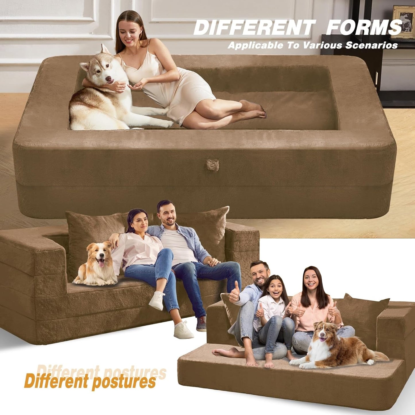 Folding Bean Bag Chair,3-In-1 Bean Bag Couch Faux Fur Floor Sofa Large Foam Beanbag Convertible Bean Bag Sofa Bed with Pillow for Adults(Brown, Large)-3