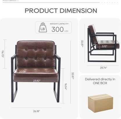 Mid Century Modern Accent Chair Set of 2, Comfy Living Room Chair, Brown Leather Accent Chair, Faux Leather Reception Armchair with Metal Legs for Living Room Bedroom Reception Office, Brown-1