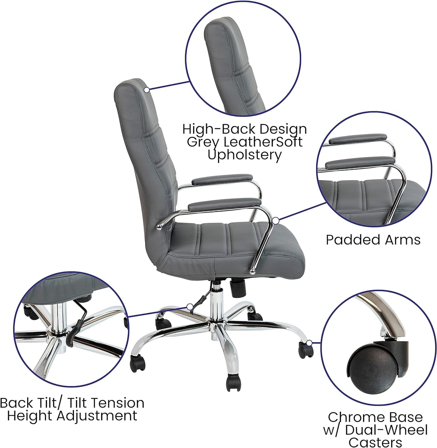 Whitney High-Back Swivel Leathersoft Desk Chair with Padded Seat and Armrests, Adjustable Height Padded Office Chair, Gray/Chrome-3